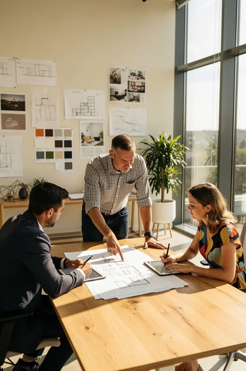 Interior consultation steps with design layout visuals